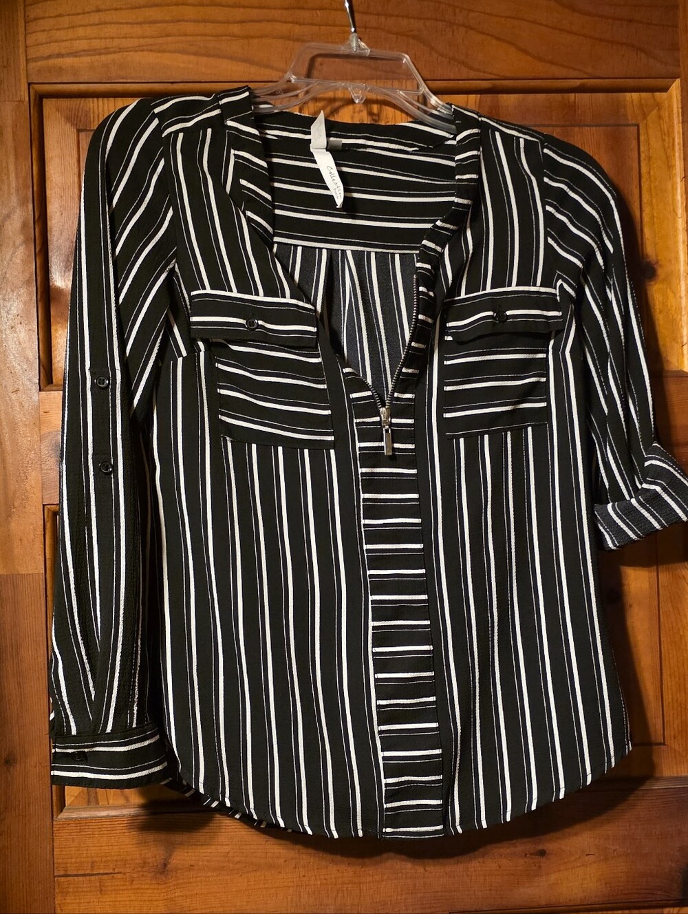 PXS NY Collection. Black & White Striped Women’s Zip-Front Blouse